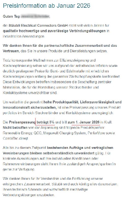 史陶比爾電氣連接器有限公司2026年漲價通知